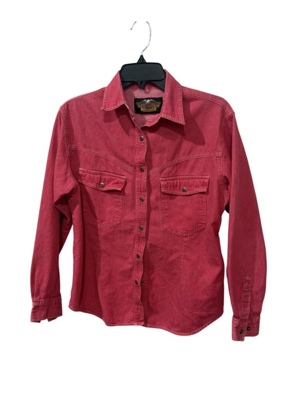 Harley-Davidson Womens Red Denim Long Sleeve Button-Up Shirt M Embroidered Back